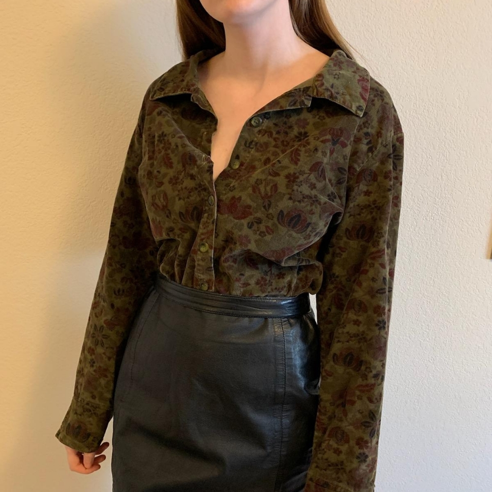 Corduroy long sleeve button up top floral pattern